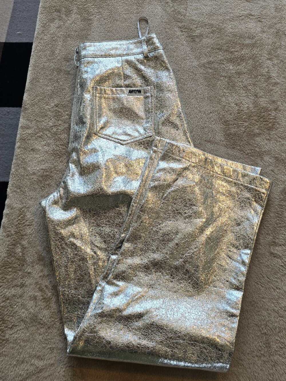 Amy Lynn Silver Metallic Wide-Leg Faux Leather Trousers - Size L